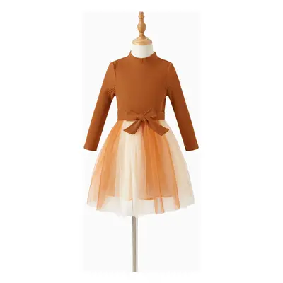 Family Matching Belted Long Sleeve Mesh Dresses and Color-Block Long Sleeve Sweater Sets