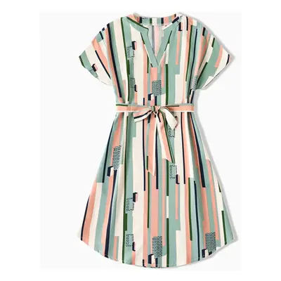 Family Matching Geometric Striped V Neck Drop Shoulder Belted Dresses and Colorblock Short-sleev