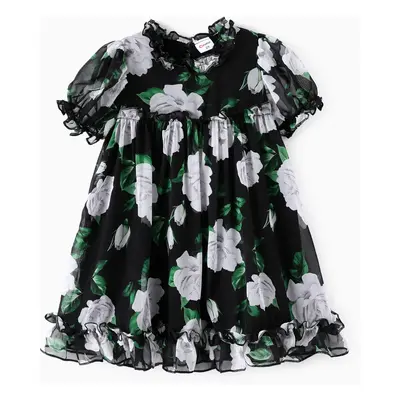 Toddler Girl Sweet Floral Print Mesh Ruffled Dress