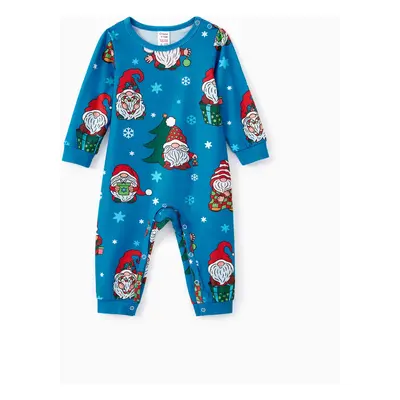 Christmas Family Matching Blue Allover Gnome Pattern Button Lapel Pajamas Sets with Pockets ( Fl