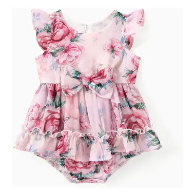 Mommy and Me Pink Rose Floral Square Neck Ruffle Trim Sleeveless Dress