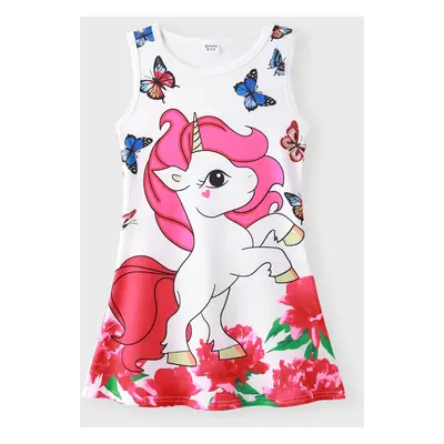 Kid Girl Pretty Unicorn and Flower Print Sleeveless Dress