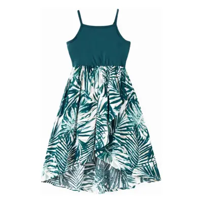 Family Matching Sets Leaf Pattern Beach Shirt or Drawstring Front Spliced Floral High-Low Dress