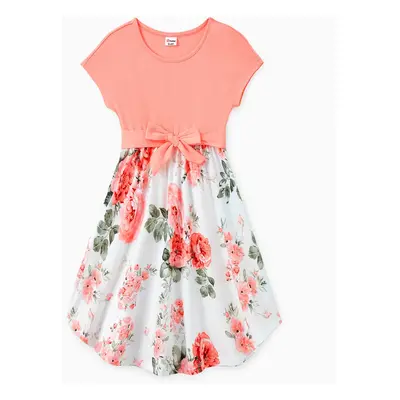 Family Matching Sets Pinkish Orange Cap-sleeve Spliced Floral Dresses and Short-sleeve Color Blo