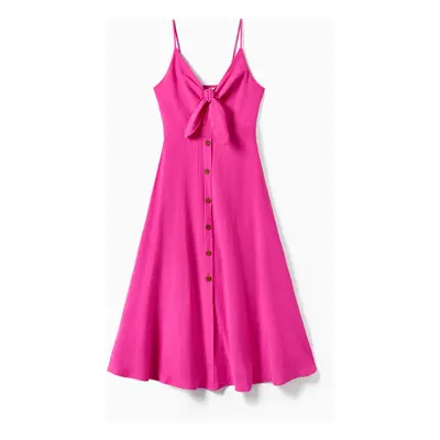 Family Matching Colorblock T-shirt and Hot Pink Button Neck-Tie Strap Dress Sets