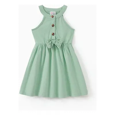 Family Matching Color Block Tank Top and Green Button up Lace Top Strap Dress Sets