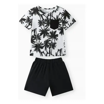 2pcs Toddler Boy Casual Floral Tree Print Tee and Short Set