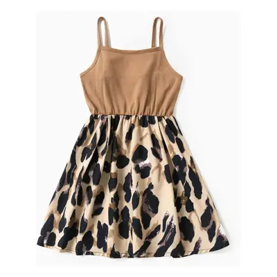 Leopard Print Splice Black Sling Dresses for Mommy and Me