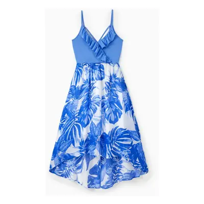 Family Matching Sets Blue Tropical Floral Panel Tee or Ruffle Neck Cross Back High-Low Strap Dre