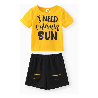 2-piece Toddler Boy Letter Print Tee and Elasticized Ripped Shorts Set