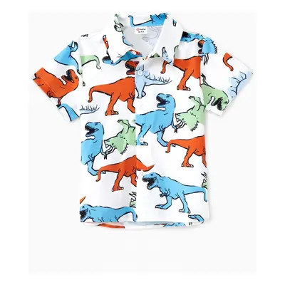 Family Matching Sets Colorful Dinosaur Pattern Shirt or Button Decor Elastic Waist Ruffle Hem Dr