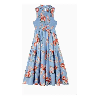 Family Matching Sets Pure Blue Polo Shirt or Flower Floral Shirred Top A-Line Sleeveless Dress