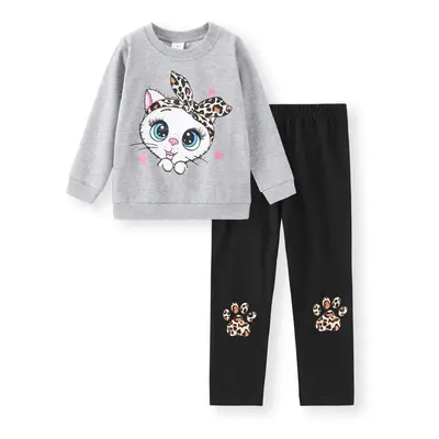 2-piece Toddler Girl Cat Print Pullover Sweatshirt and Leopard Print Pants Set