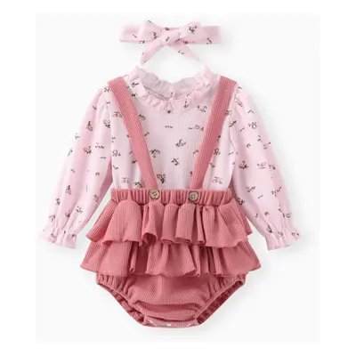 3pcs Baby Floral Print Long-sleeve Top and Ruffle Suspender Skirted Shorts Set