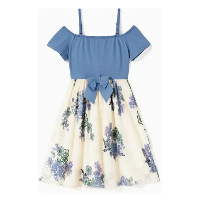 Family Matching Panel Stripe Tee and Off Shoulder Floral Lace Bottom Dress Sets