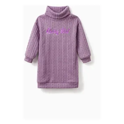 Toddler Girl Letter Embroidered Textured Turtleneck Long-sleeve Sweater Dress