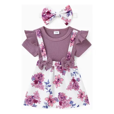 2pcs Baby Girl 95% Cotton Ruffled Bow Front Faux-two Short-sleeve Floral Print Dress & Headband 