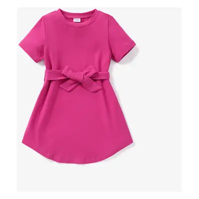 Toddler Girl Solid Curved Hem Short-sleeve Belted Dress