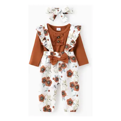 Baby Girl 3pcs Sweet Solid Romper and Floral Print Ruffled Overalls with Headband Set