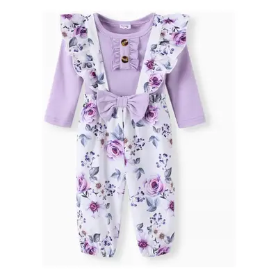 Baby Girl 2pcs Ruffled Romper and Floral Overalls Set