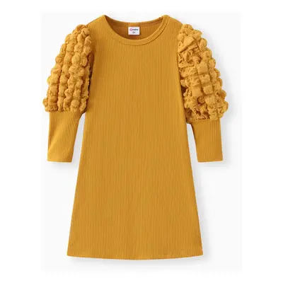 Toddler Girl Textured Ribbed Long Puff-sleeve Dress (Belt is not included)