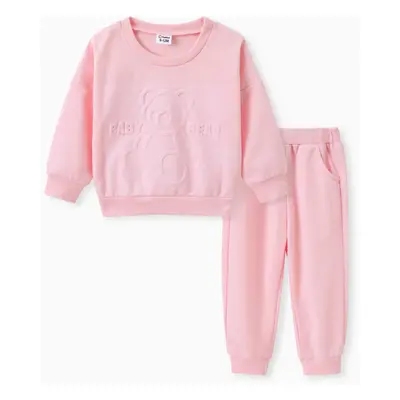 2pcs Baby Girl Letters & Bear Graphic Long-sleeve Sweatshirt and Solid Pants Set