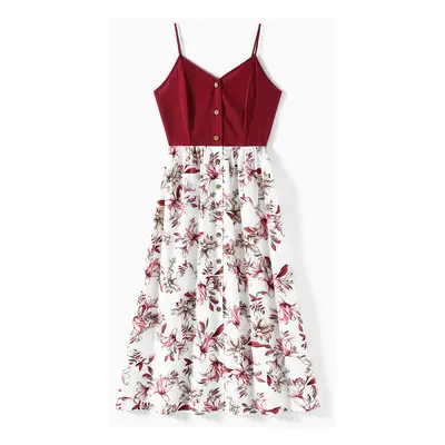 Family Matching Solid V Neck Button Up Spaghetti Strap Splicing Floral Print Dresses and Short-s