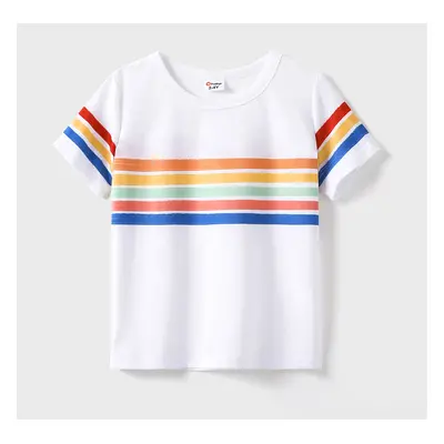 Family Matching Colorful Striped V Neck Flutter-sleeve Dresses and Short-sleeve T-shirts Sets