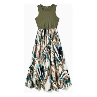 Family Matching Colorblock T-Shirt and Tank Top Spliced Floral A-Line Dress Sets