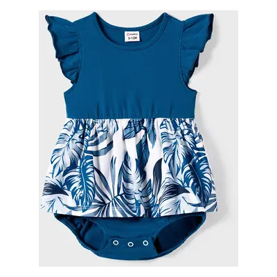 Family Matching Plant Print Splice Belted Tank Dresses and Color Block Short-sleeve T-shirts Set