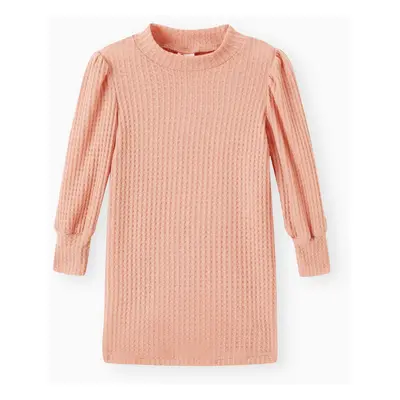 Toddler Girl Solid Color Mock Neck Waffle Long Puff-sleeve Dress