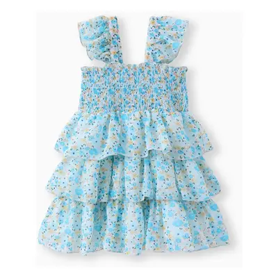 Toddler Girl Sweet Floral Print Smocked Ruffled Sleeveless Dress