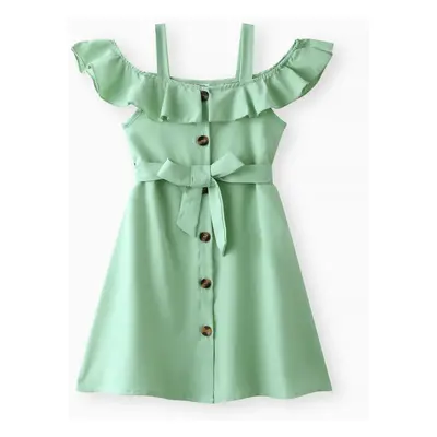 Kid Girl Solid Color Flounce Off Shoulder Belted Dress