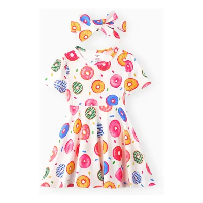 Toddler Girl 2pcs Childlike Donut Print Pajamas with Headband