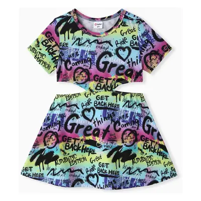 Graffiti Short Sleeve Dress for Toddler Girls, Avant-garde Style, Polyester, 1pc, Regular