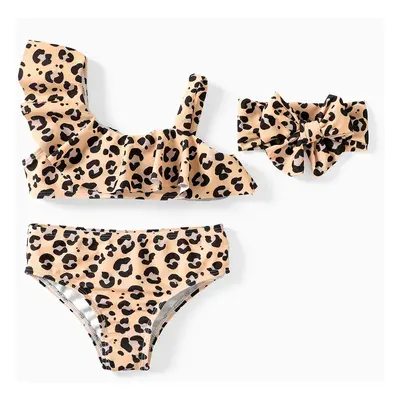 3Pcs Toddler Girl Leopard Print Ruffled Two-piece Swimsuit Set