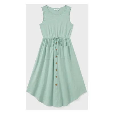 Family Matching Solid Cotton Button Front Drawstring Tank Dresses and Short-sleeve Colorblock T-