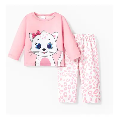 Baby Girl 2pcs Cat Print Flame Resistant Pajamas Set