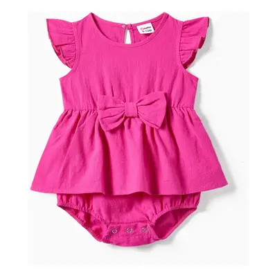 Family Matching Colorblock T-shirt and Hot Pink Button Neck-Tie Strap Dress Sets