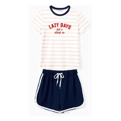 Family Matching Pajamas Sets Preppy Style Striped Slogan Print Crew Neck Top and Navy Blue Draws