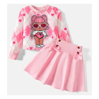 L.O.L. SURPRISE! 2pcs Kid Girl Letter Print Sweatshirt and Plaid/Pink Bow Design Smocked Skirt S