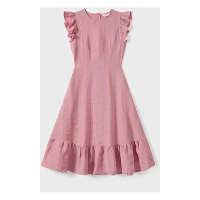 Family Matching Pink Ruffle-sleeve Texture Dresses and Color Block Short-sleeve T-shirts Sets