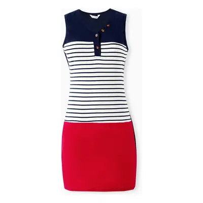 Family Matching Color Block Stripe Polo Shirt and V-Neck Button Body-con dress Sets