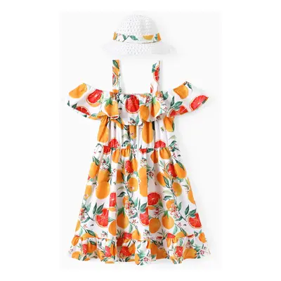 Kid Girl 2pcs Fruit Print Ruffled Cami Dress with Straw Hat