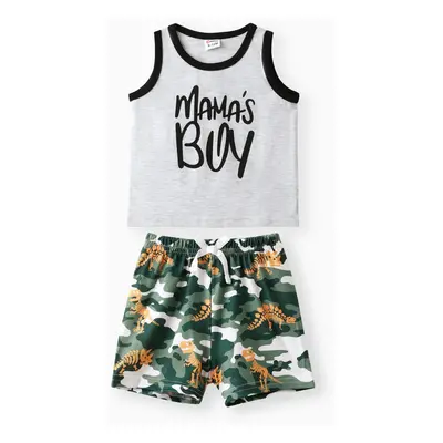 2pcs Baby Boy Letter Print Tank Top and Camouflage Shorts Set