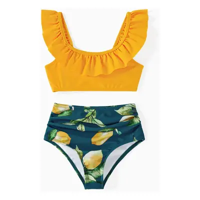 Family Matching Allover Lemon Print and Solid Halter Neck Two-piece Swimsuit or Swim Trunks Shor