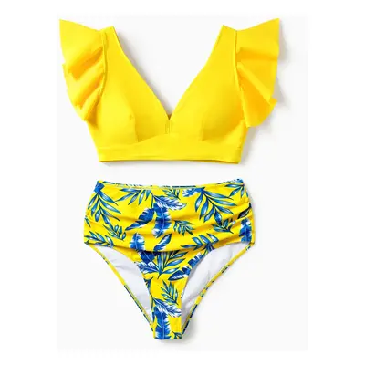 Family Matching Yellow Leaf Print Swim Trunks or Ruched Flutter Sleeve Bikini with Optional Swim