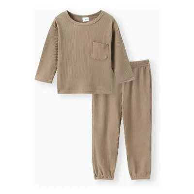 2-piece Toddler Boy/Girl Round-collar Long-sleeve Ribbed Solid Top with Pocket and Elasticized P