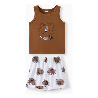 2pcs Toddler Boy Playful Lion Print Tank Top and Shorts Set