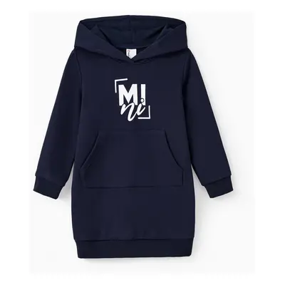 Mommy and Me Navy Blue Long Sleeves Letter Print Hooded Dresses with Kangaroo Pocket